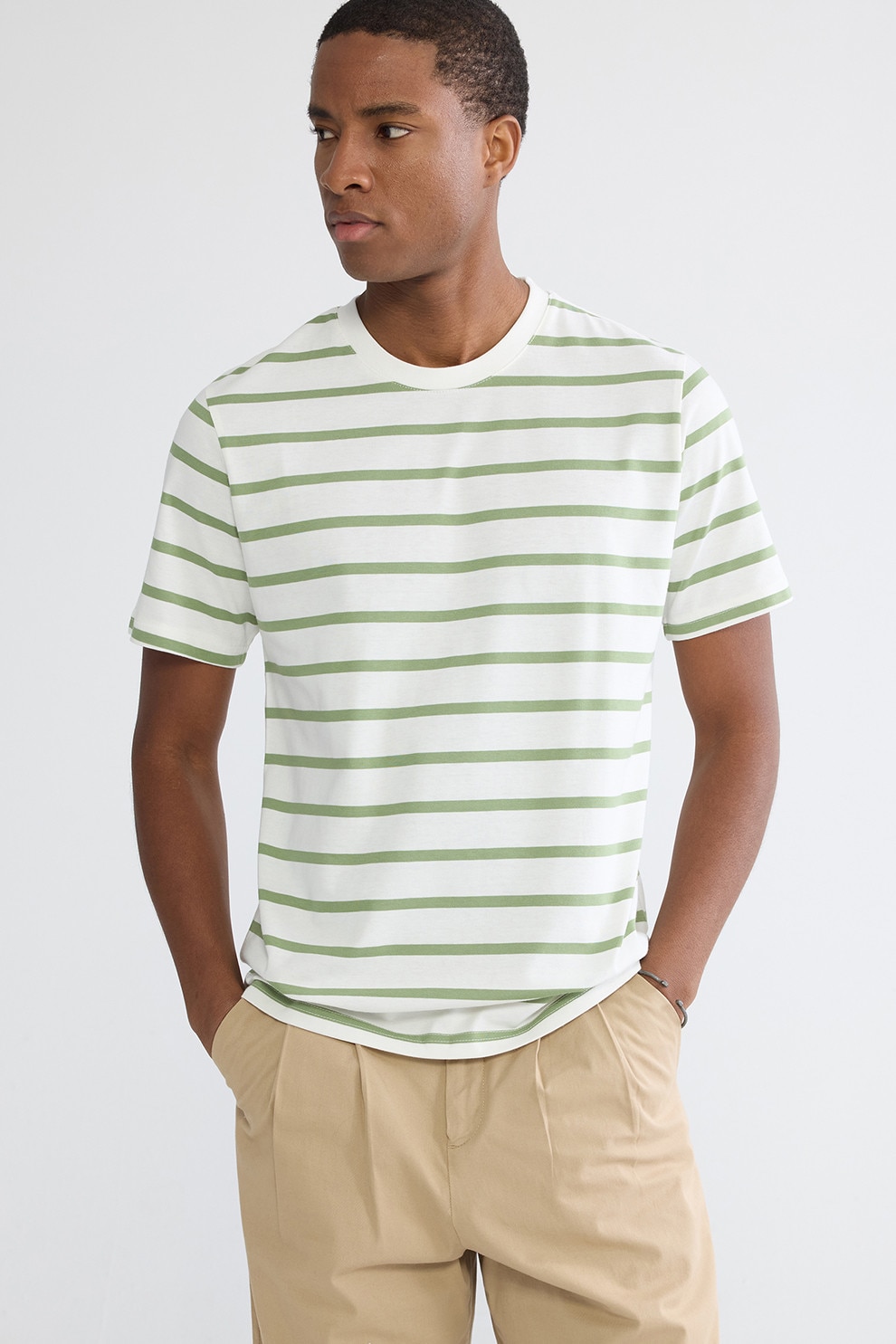 LC WAIKIKI, Tricou din bumbac cu dungi, Verde, Alb fildes, M