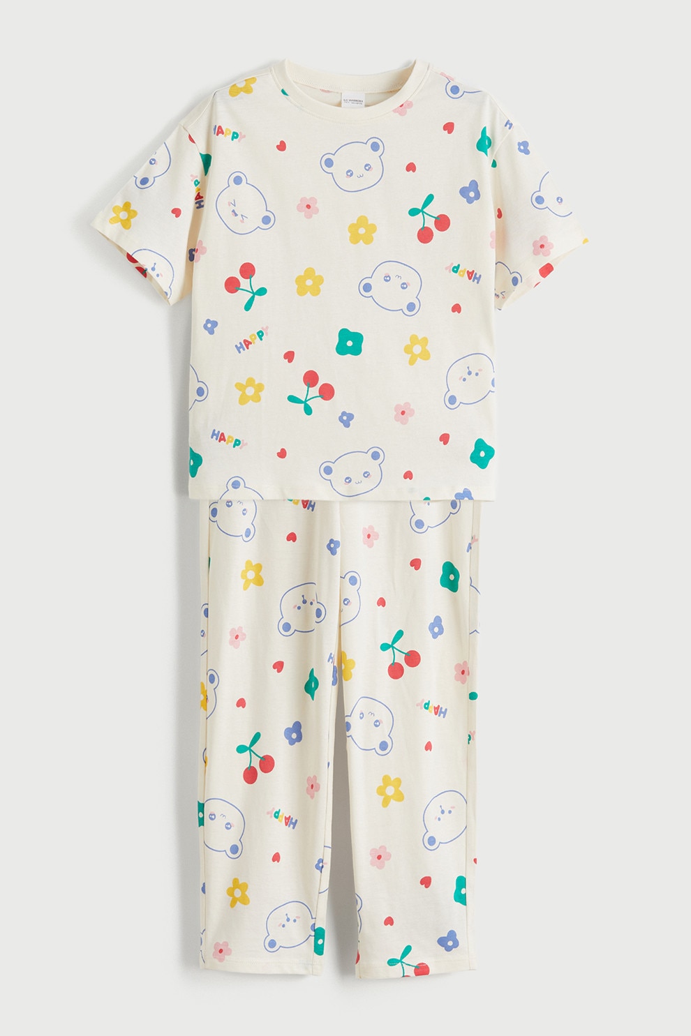 LC WAIKIKI, Pijama din bumbac cu design grafic, Verde, Alb fildes, Galben, 146-152 CM