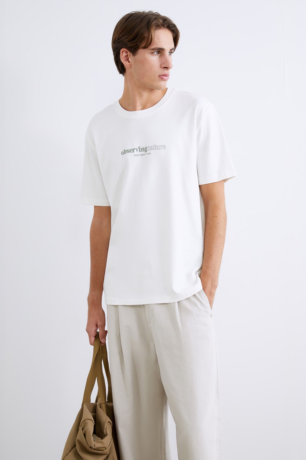 LC WAIKIKI, Tricou cu decolteu la baza gatului si design text, Alb, Verde, L