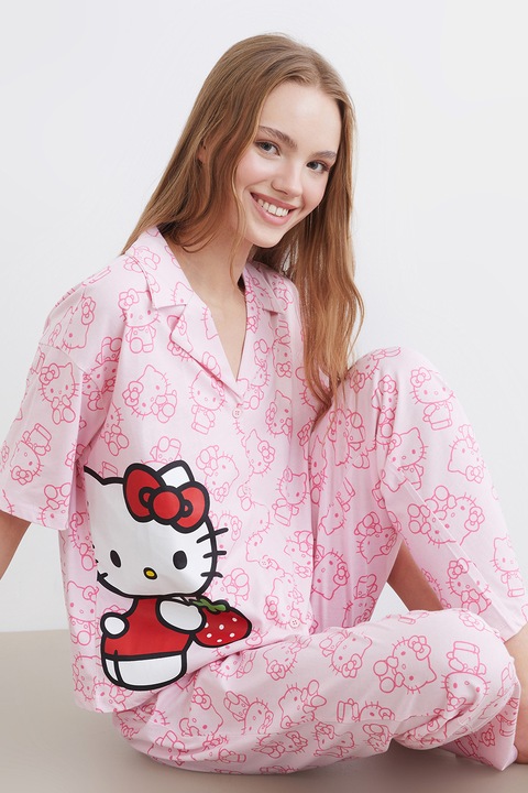 LC WAIKIKI, Pijama din bumbac cu design grafic, Rosu/Roz pastel/Roz pal