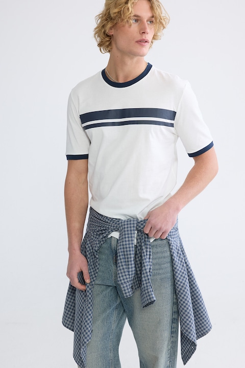 LC WAIKIKI, Tricou cu decolteu la baza gatului si dungi, Alb/Bleumarin