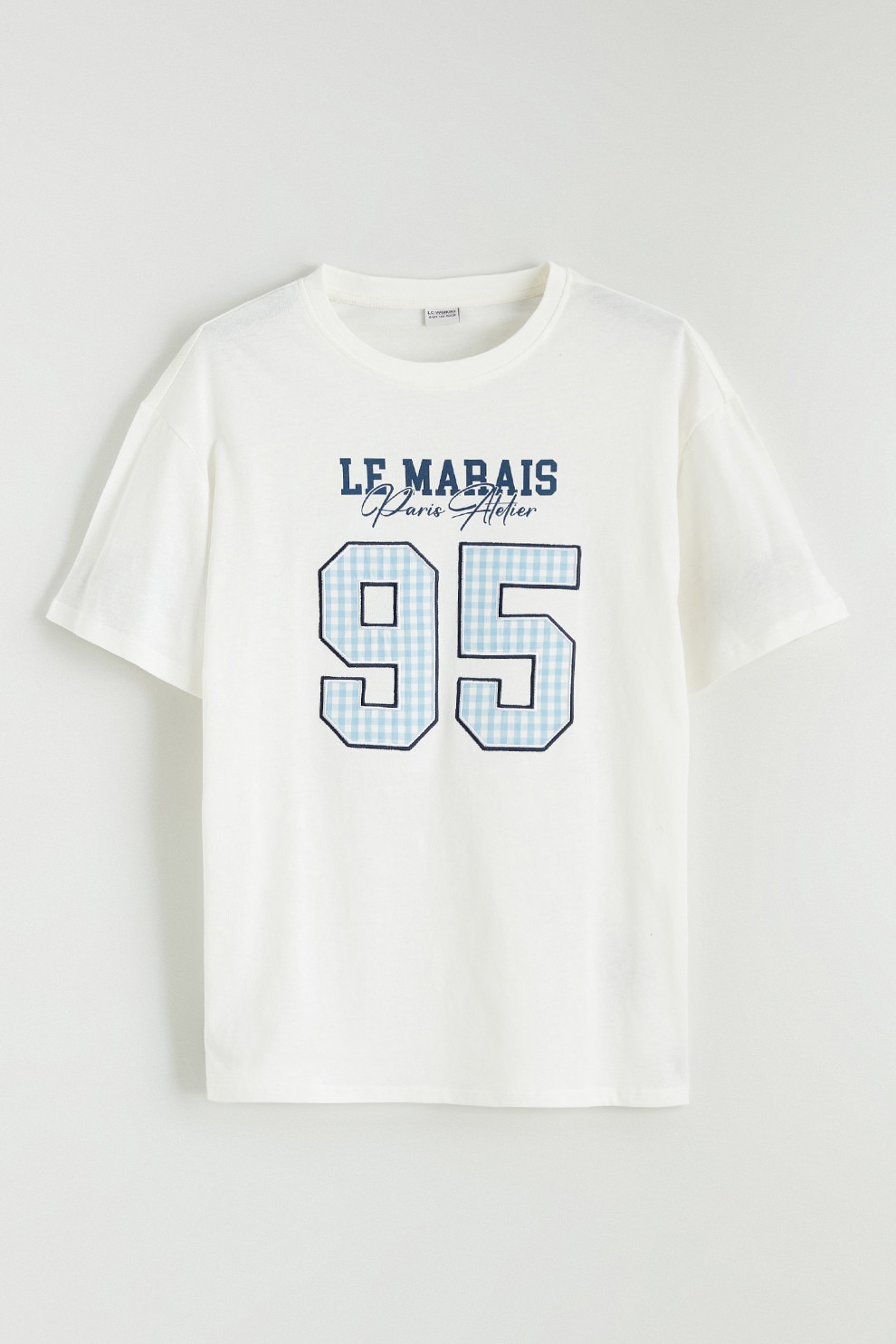 LC WAIKIKI, Tricou din bumbac cu imrpimeu text pe partea din fata, Alb fildes, Albastru deschis, 152-158 CM