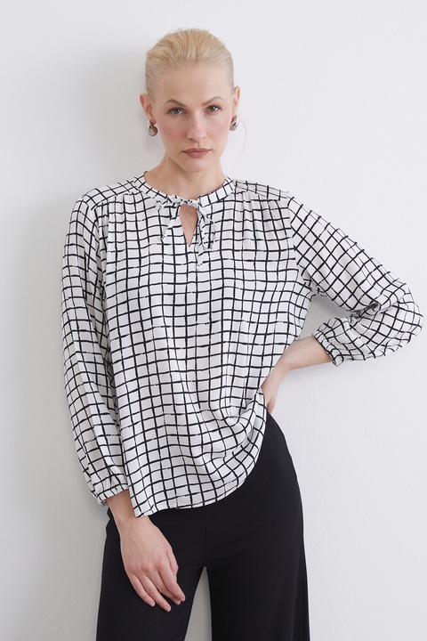 LC WAIKIKI, Bluza cu model si snur la baza gatului, Alb/Negru