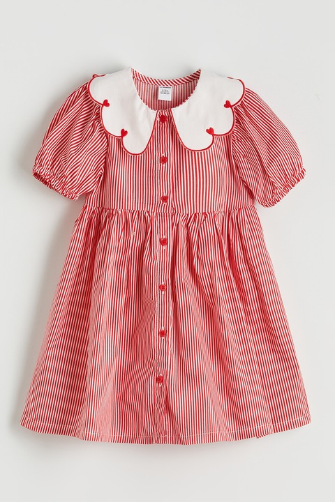 LC WAIKIKI, Rochie evazata cu guler Peter-Pan si dungi, Rosu, Alb, 110-116 CM