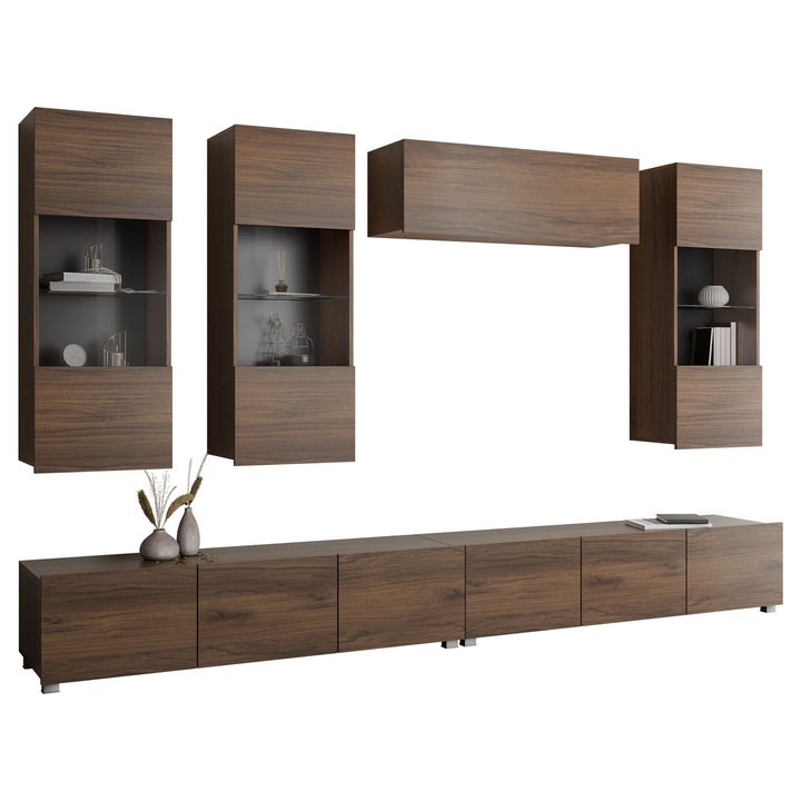 Set mobilă living Bralani V, MIRJAN 24, nuc warmia, 1x etajeră 105x34x32cm, 2x comoda TV 150x37x43cm, 3x vitrină 45x117x32cm