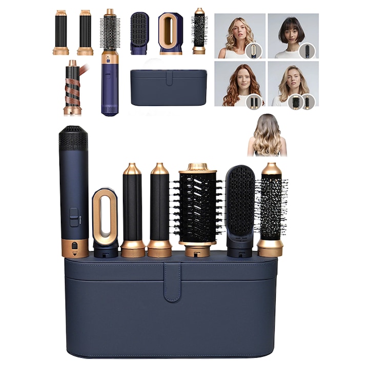 Сешоар и маша за коса Avyra, 6 в 1, Coanda, Бързо изсушаване с мощен въздушен поток, Леви и десни къдрици, Четка с горещ въздух, Въртящ се на 360° кабел, Без накъсване, Включена кутия, Blue Gold