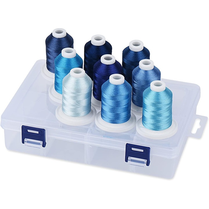 Set Ata De Brodat 9 Bobine, 730 m, Multicolor, Cutie Depozitare, Tonuri Albastre