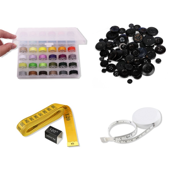 Set Croitorie 138 Piese: 100 Nasturi Negri + 36 Ate Colorate + Metru Galben 120” + Ruleta Alba 150cm – Totul Inclus