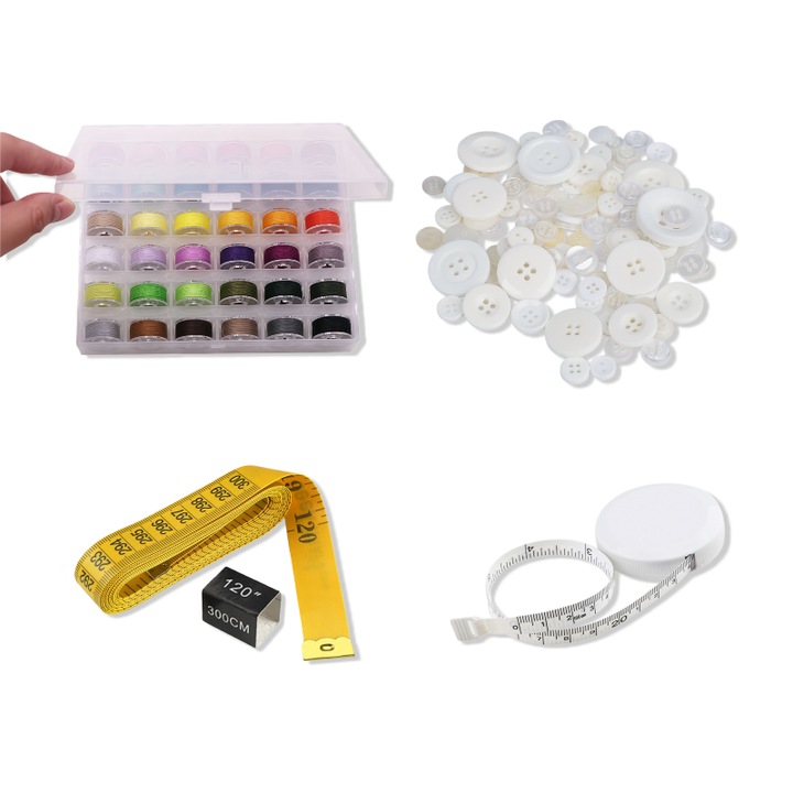 Set Croitorie 138 Piese: 100 Nasturi Albi + 36 Ate Colorate + Metru Galben 120” + Ruleta Alba 150cm – Totul Inclus