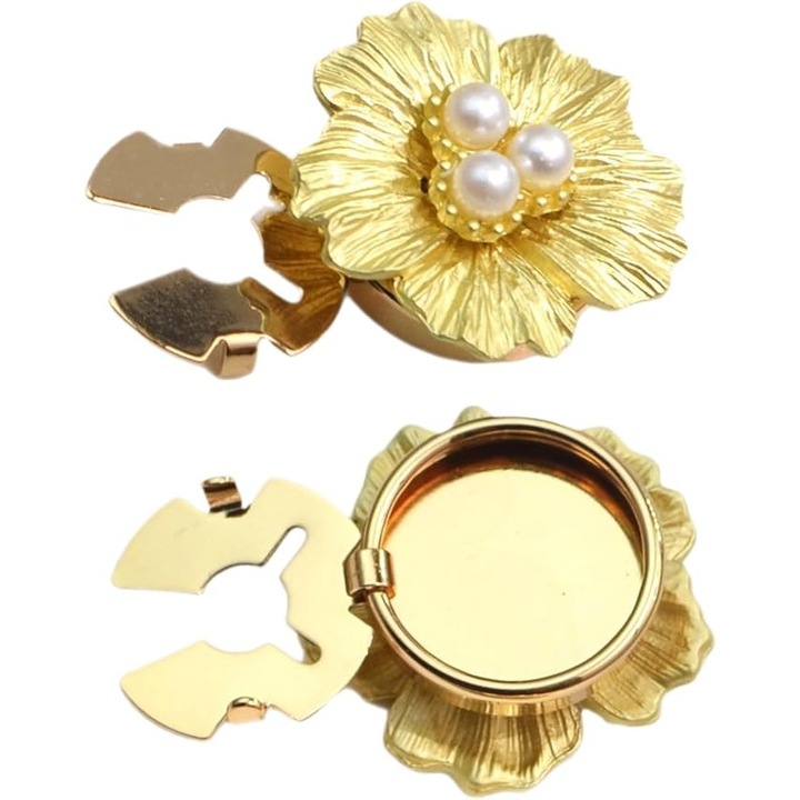 Accesoriu pentru Nasturi, Flippy, Model Floare cu Perle, din Metal, 2.5 x 1.7 cm, Auriu