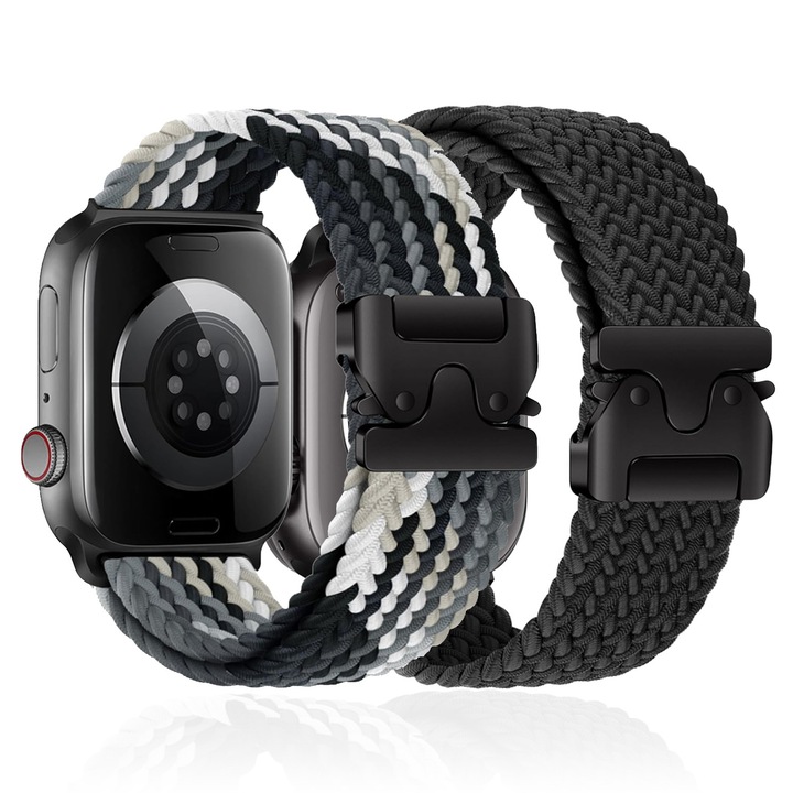 Set 2 curele compatibile Apple Watch Series 11/10 (46mm) si Ultra 1/2/3 (49mm), nylon elastic, catarama tip parasuta, Negru + Maro ciocolatiu