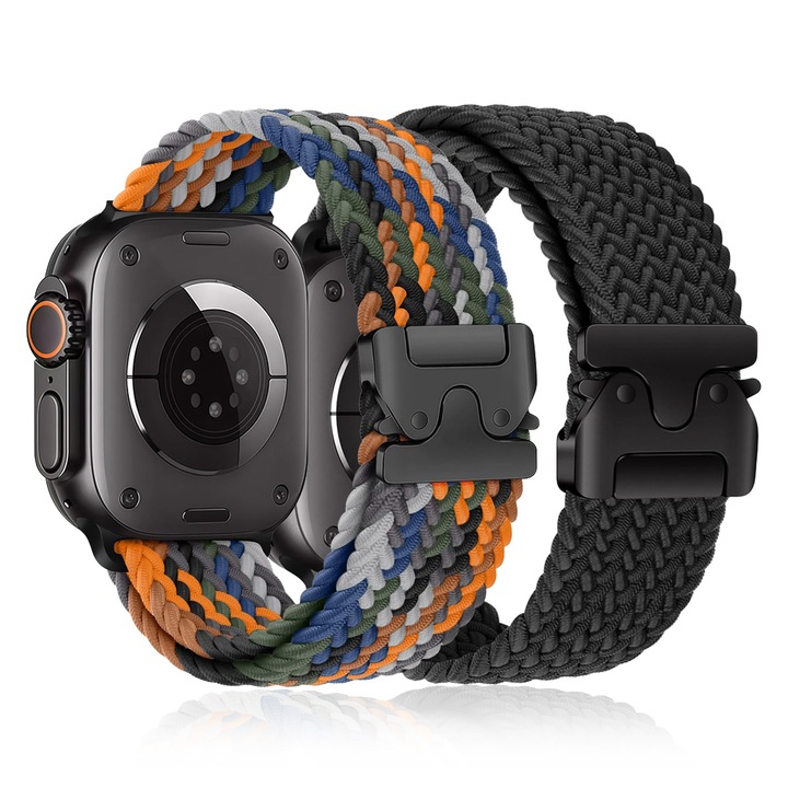 Set 2x curele compatibile Apple Watch 11/10 (46mm), Ultra 1/2/3 (49mm), Nylon Elastic, Catarama Parasuta, Negru + Denim Blue