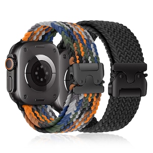Set 2x curele compatibile Apple Watch 11/10 (46mm), Ultra 1/2/3 (49mm), Nylon Elastic, Catarama Parasuta, Negru + Denim Blue