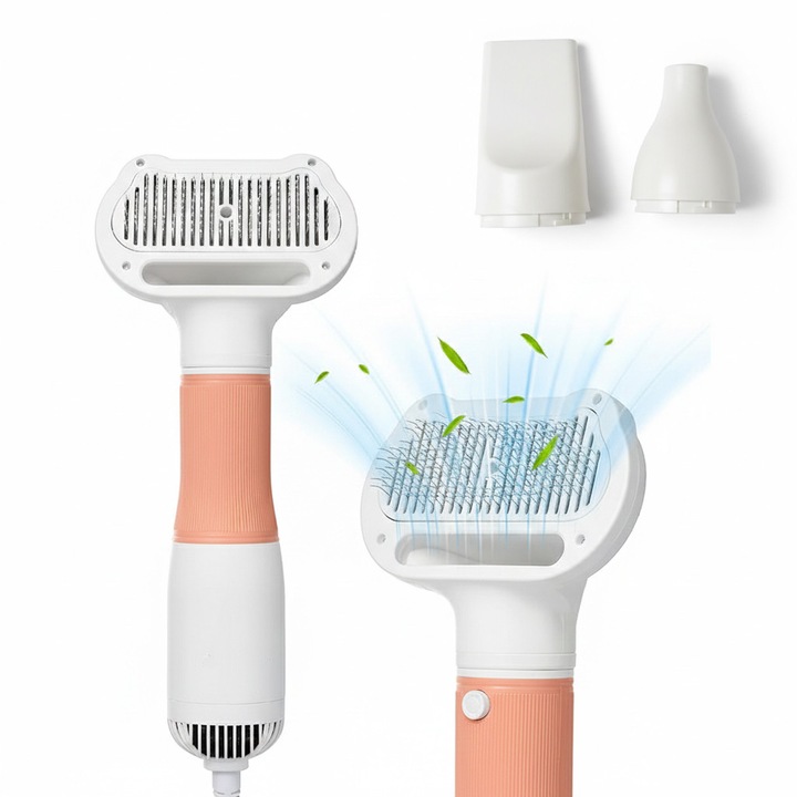 Четка със сешоар за кучета/котки 2 в 1 NEXTLY, 3 сменяеми глави, 3 режима на сушене, бутон за отстраняване на косми, нисък шум, 600W, бяло-розово