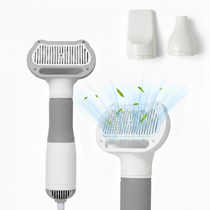 Четка със сешоар за кучета/котки 2 в 1 NEXTLY, 3 сменяеми глави, 3 режима на сушене, бутон за отстраняване на космите, нисък шум, 600W, бяло-сиво