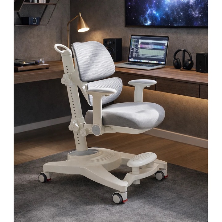 Scaun Ergonomic Copii, TOPSCAUNE®, Scaun Birou Copii Reglabil 360°, Spatar Dublu Adaptiv Cu Suport Lombar Automat, Cotiere 4D Pliabile, Roti Cu Blocare Automata, Ajustare Completa Pe Crestere, Scaun Ergonomic Premium Pentru Copii Si Adolescenti, Gri