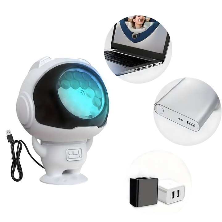 Proiector LED Astronaut, design modern, lumina sigura, 12,5x10cm, alimentare USB, proiectii festive