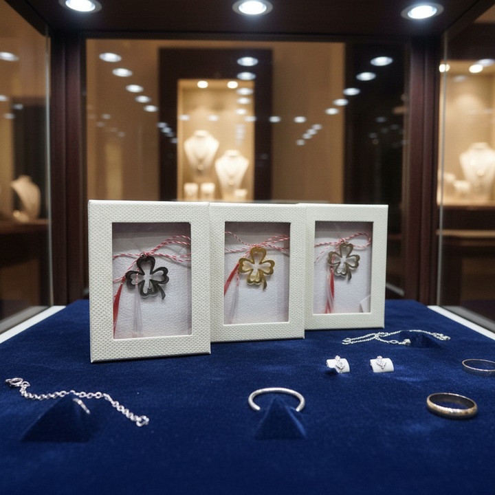 Trifoiul Destinului: Set 3 Brose Abstracte in Caseta Texturata Aur-Argint