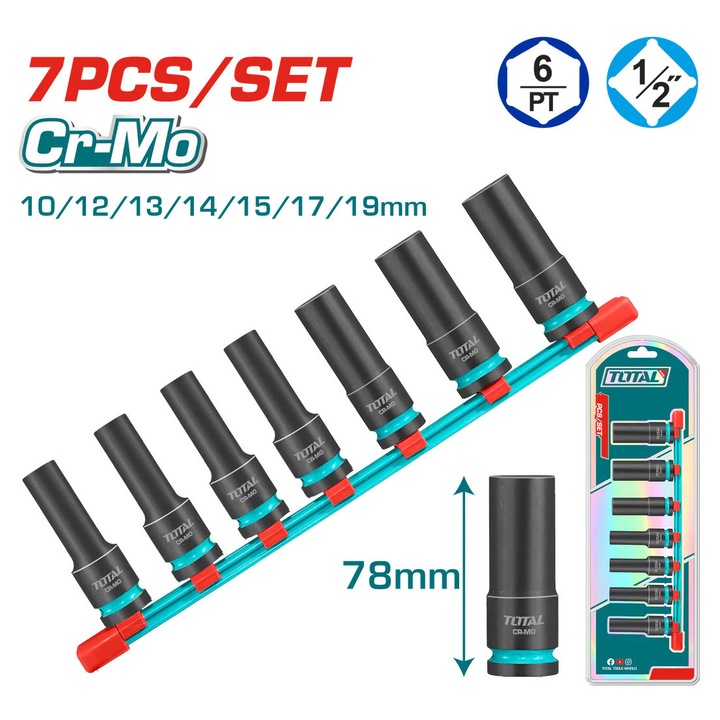 Set tubulare de impact adanci TOTAL 1/2", 7 piese, lungime 78 mm, Cr-Mo