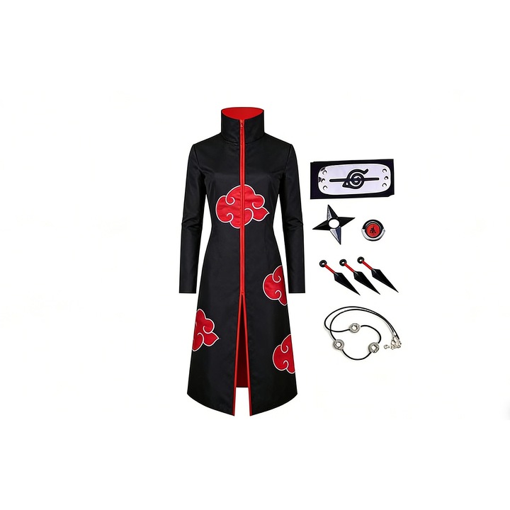 ANUTETOUNI Costum Cosplay Naruto Anime - Itachi Uchiha / Sasuke, Negru cu 5 Accesorii, pentru Halloween & Carnaval, 160-165 cm