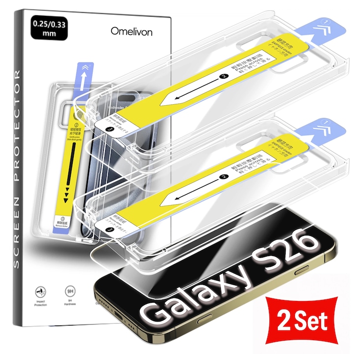 Комплект от 2 защитни фолиа за Samsung Galaxy S26, Omelivon, Закалено стъкло, С комплект за моментално нанасяне и функция за автоматично отстраняване на прах, Твърдост 9H+, Подобрена чувствителност при допир, Против отпечатъци, FullHD яснота