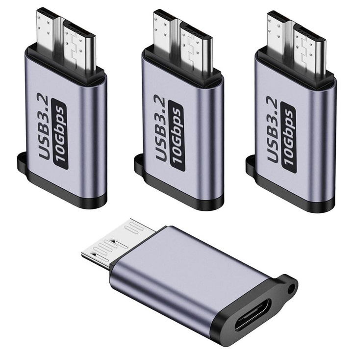 Set 4 Adaptor USB-C - micro-B 10 Gbps, RASK, potrivita pentru hard disk-uri externe, Laptop, Smartphone, gri
