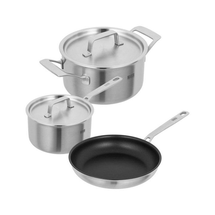 Kuhn Rikon Culinary Fiveply 3 részes rozsdamentes acél edény szett, 3.4 literes fazék fedővel, 1.7 literes lábas fedővel, Ø 24 cm-es serpenyő, 2 fedő, 5 rétegű Five-ply technológia, ideális levesekhez/tésztákhoz/szószokhoz/ragukhoz, inox