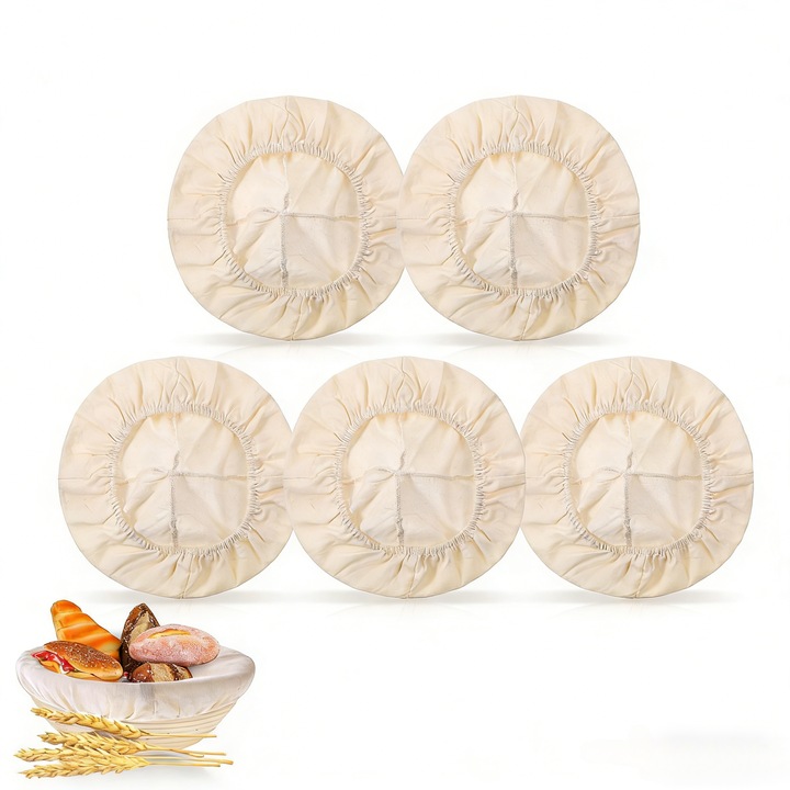 Комплект 5 броя ленени подложки за кошница за втасване на хляб, 25x25x8см, памук и естествен лен