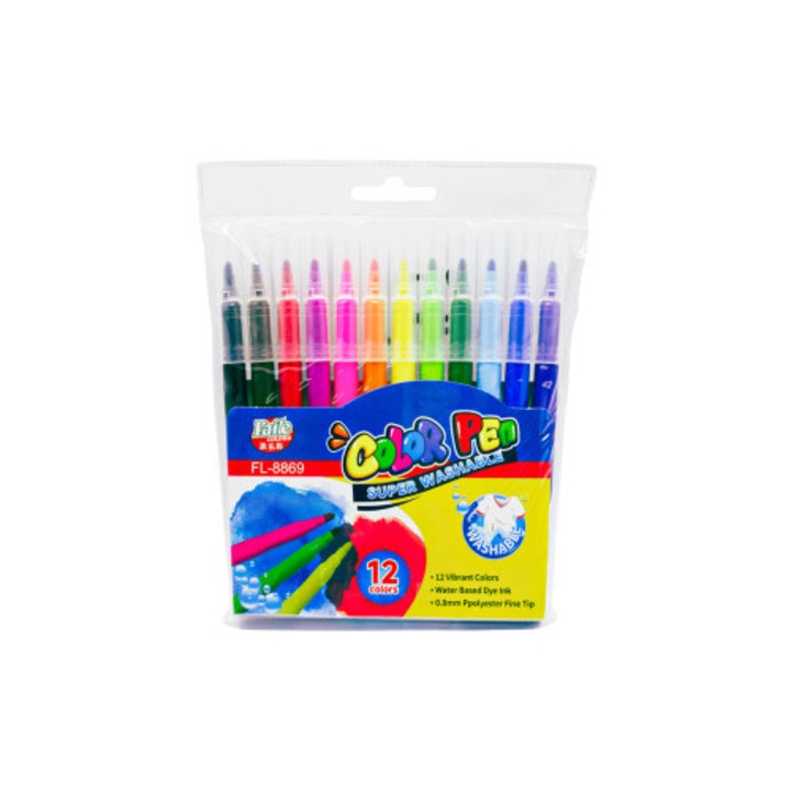 Комплект цветни миещи се маркери Color Pen, 12 цвята, мастило на водна основа, за училище и рисуване