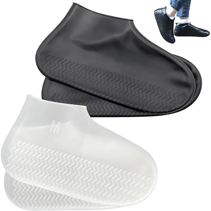 Set 2 perechi coperti incaltaminte reutilizabile din silicon impermeabile, non-derapante, negru si alb, M