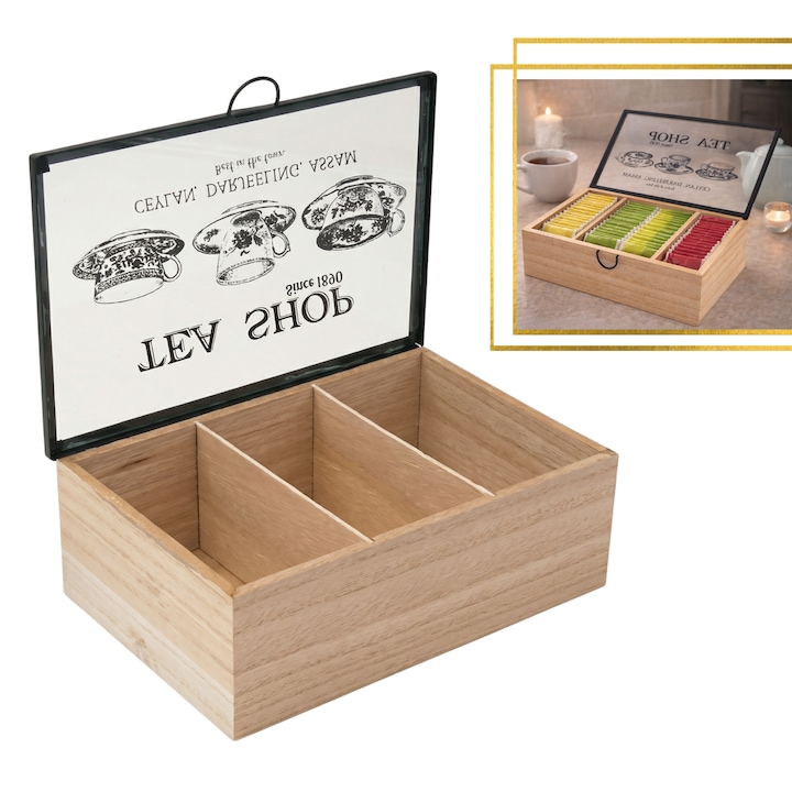Cutie organizatoare universala pentru ceai HASEPE, Pliculete si Capsule cafea, 3 compartimente, Lemn, Capac din sticla transparent, Organizator bucatarie, 24x16x8 cm, Maro