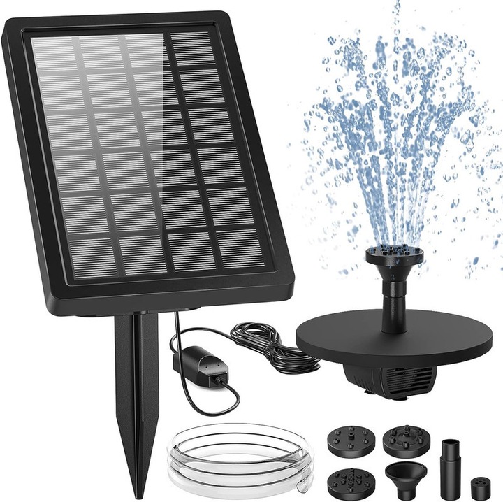 Pompa solara de fantana, 5W cu 4 Duze, Tevi Apa 1m, pentru Gradina, Bazin, Bai Pasari, Decor Acvatic