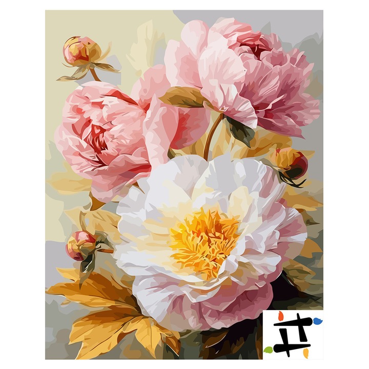 Set pictura pe numere Flori albe si roz 6486, panza bumbac pe rama lemn, 40x50 cm, tablou cu schita, 3 pensule si vopsea acrilica