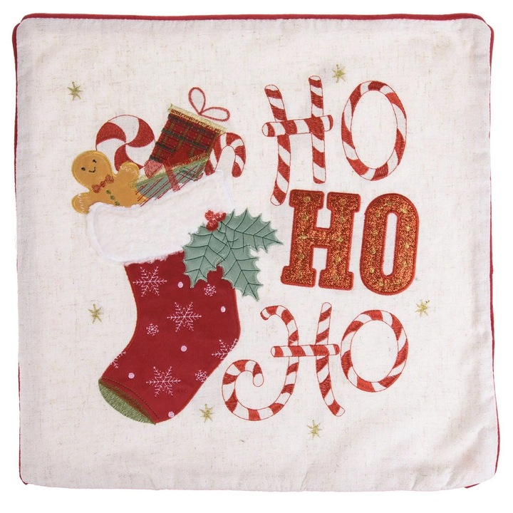 Fata de Perna Decorativa de Craciun Ecru cu Model Cizma de Craciun "Ho Ho Ho" 45x45cm