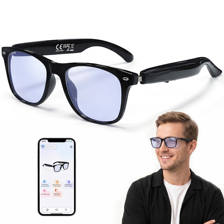 Ochelari protectie Smart, SDLOGAL®, Ochelari inteligenti cu traducere AI, Lentile Anti-lumina Transparente Albastra, Bluetooth 5.4, Interpretare in 138 de Limbi, Standby 6Hrs, Control Tactil Inteligent, Redare muzica, Fotografiere, Asistent Vocal, Negru