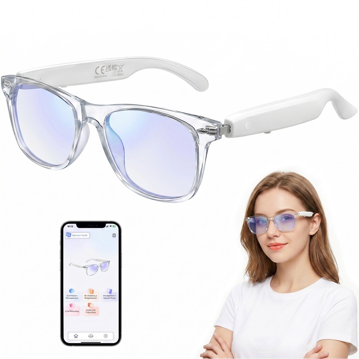 Ochelari protectie Smart, SDLOGAL®, Ochelari inteligenti cu traducere AI, Lentile Anti-lumina Transparente Albastra, Bluetooth, Interpretare in 138 de Limbi, Standby 6Hrs, Control Tactil Inteligent, Redare muzica, Fotografiere, Asistent Vocal, Transpare