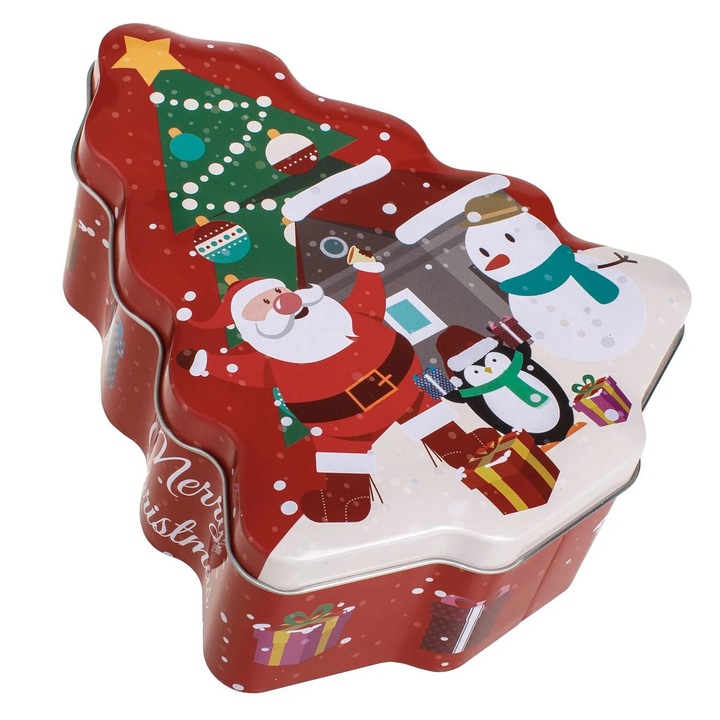 Cutie Metalica Rosie in Forma de Brad de Craciun cu Figurine pentru Alimente 14,5x6,5x18cm