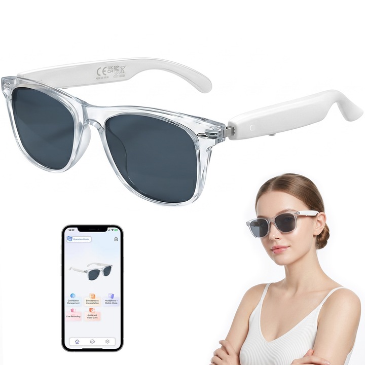 Ochelari de Soare Smart, SDLOGAL®, Ochelari inteligenti cu traducere AI, Bluetooth, Interpretare in 138 de Limbi, Standby 6Hrs, Control Tactil Inteligent, Redare muzica, Fotografiere, Asistent Vocal, Lentila Negru, Protectie UV, Unisex, Transparent