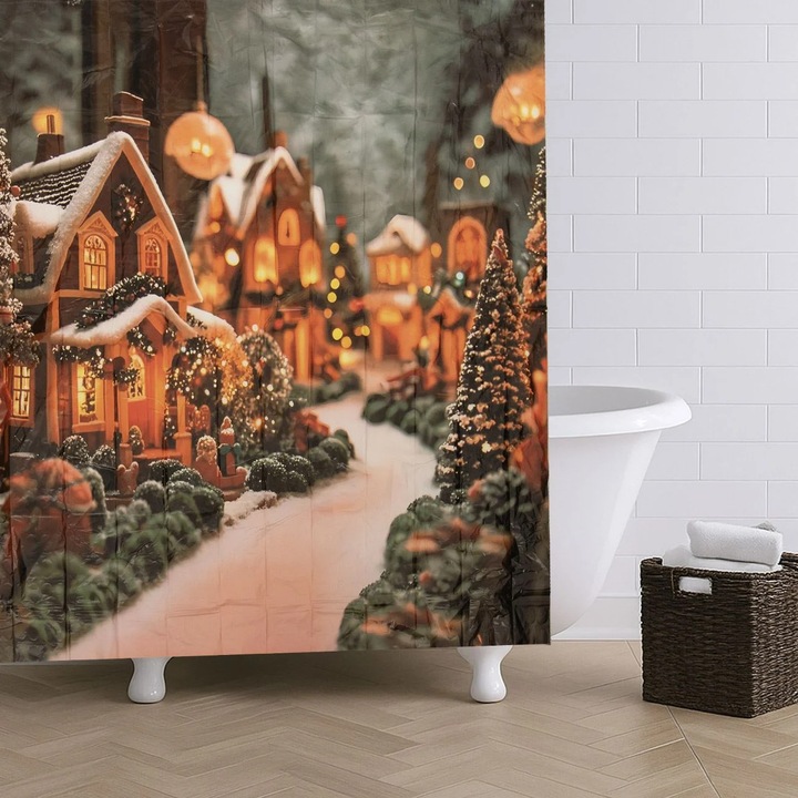 Perdea de Dus din Peva cu Model de Craciun Case Ninse 180x180cm