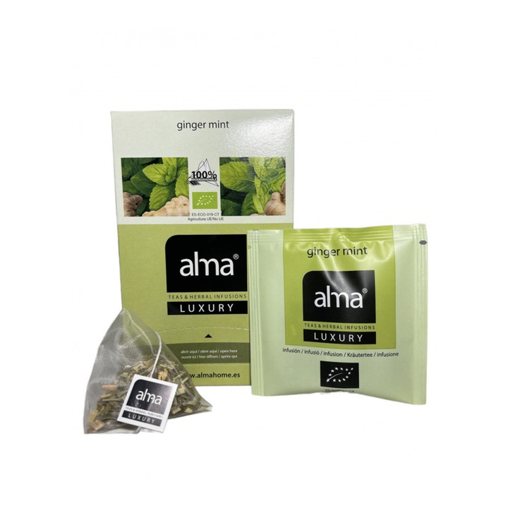 Bio tea 20 bags Alma Teas, Luxury, ginger and mint, from 100% organic cultures, sustainable sources, invigorating effect, strengthens the immune system, digestive aid, reduces bloating, intense taste, 40 g
