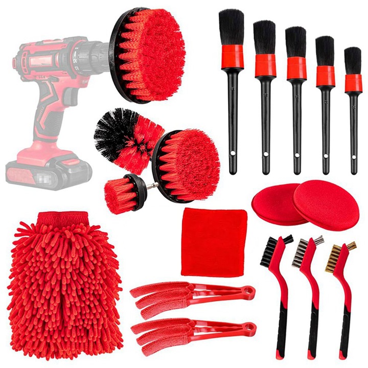 Set profesional 18 Piese Detailing Auto, pentru Curatare Interior Exterior, cu 4 perii pentru bormasina, 5 pensule, laveta microfibra, 3 perii de sarma din aliaje diferite, 2 perii aer conditionat, 2 bureti pentru ceara si prosop