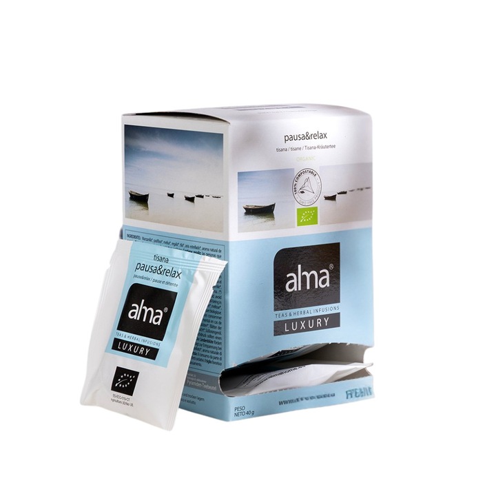 Alma Teas bio tea 20 filter, Luxury, Pause&Relax, 100% organikus termesztésből, fenntartható forrásból, stresszoldó hatású, nyugodt és pihentető alvást biztosít, hozzájárul az érzelmi egyensúlyhoz, kiegyensúlyozott íz, citrusos jegyek, 40 g