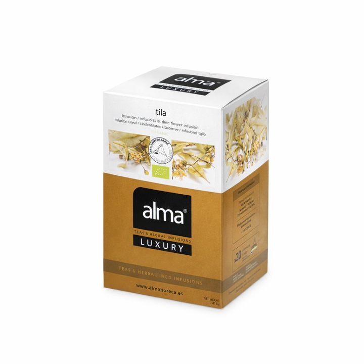 Bio tea 20 bags Alma Teas, Luxury, lime blossom tea, 100% organic cultures, relaxes the nervous system, calming blend, promotes restful sleep, stress-reducing effect, relieves gastrointestinal discomfort, 40 g