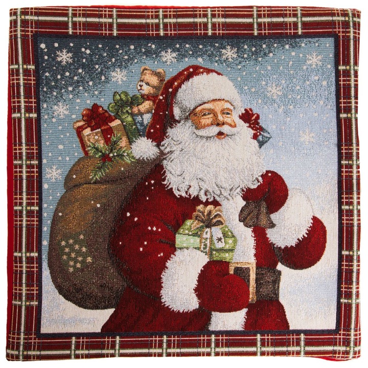 Fata de Perna Decorativa de Craciun cu Model Mos Craciun cu Sac & Lurex Argintiu 50x50cm