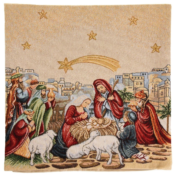 Fata de Perna Decorativa de Craciun cu Model Nasterea Domnului cu Lurex Auriu 40x40cm