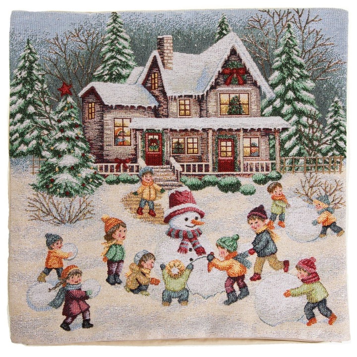 Fata de Perna Decorativa de Craciun Model Copii in Sat Nins cu Lurex Argintiu 40x40cm