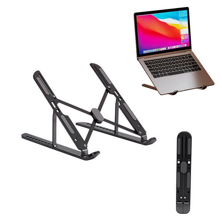 Suport portabil pliabil din aluminiu pentru laptop, 10 trepte de reglare, racire eficienta, stabilitate triunghiulara, stand de inaltare birou, pentru birou/jocuri/acasa, negru