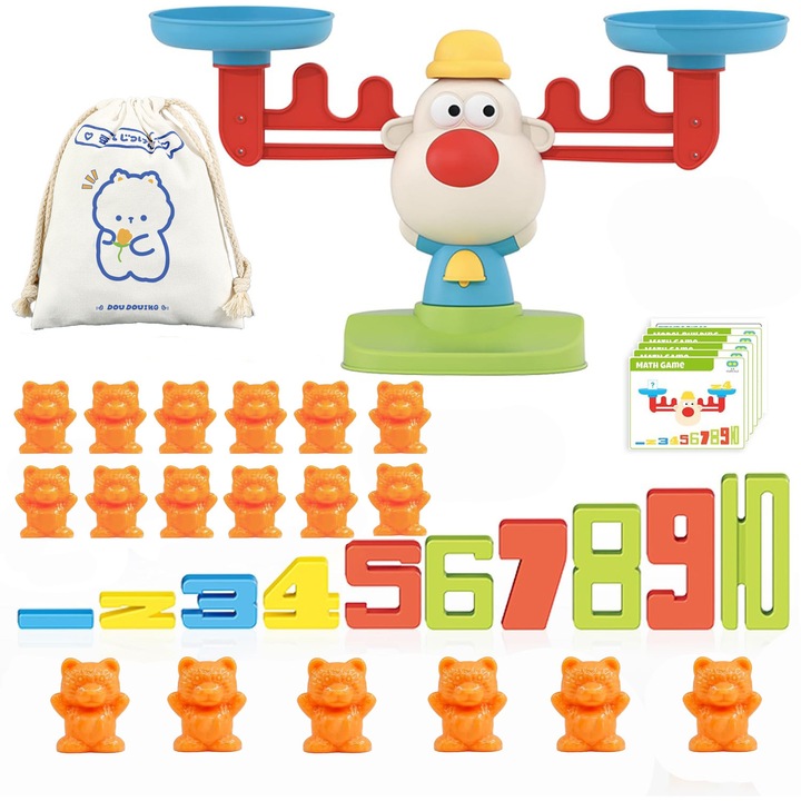 Baowor® Jucarie Balanta pentru Invatare Matematica cu Ursuleti si Punga Set 40 Piese 18 Ursuleti 10 Numere 10 Cartele Activitate Joc pentru Copii Jucarie Copii Montessori Activitati Jucarie Interactiva Copii 3+ Ani Multicolor