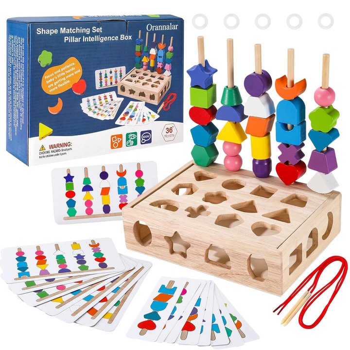Baowor® Montessori oktatójáték 3 az 1-ben többfunkciós gyermekeknek, 25 golyós fa készlet formákkal és színekkel, 16 interaktív kártya, 3+ év, természetes fa