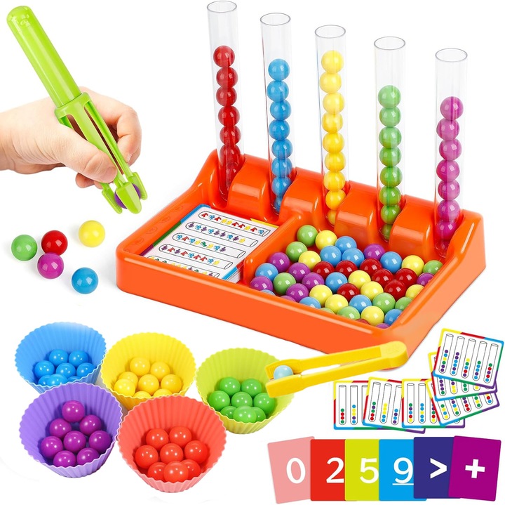 Baowor® Montessori oktató matematikai játék gyerekeknek, 50 golyós készlet, 20 kihíváskártya ecsettel az osztályozáshoz és motoros készségek fejlesztéséhez, Montessori tevékenységi játék gyerekeknek, interaktív játékok, játékok 3+ éveseknek, többszínű